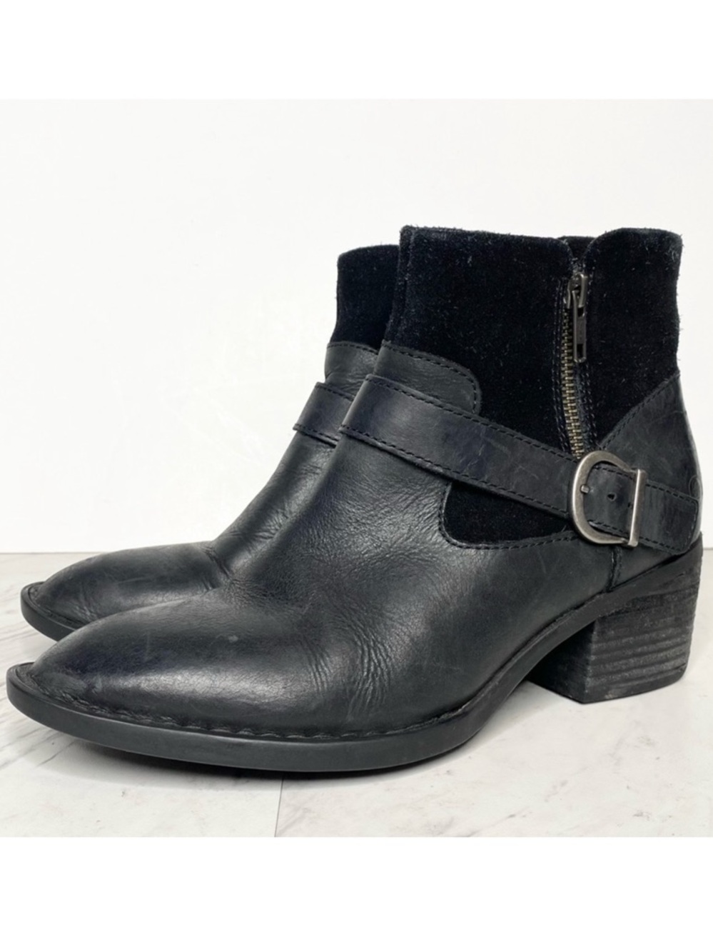 Born Buckle Leather Suede Black Bootie 7M